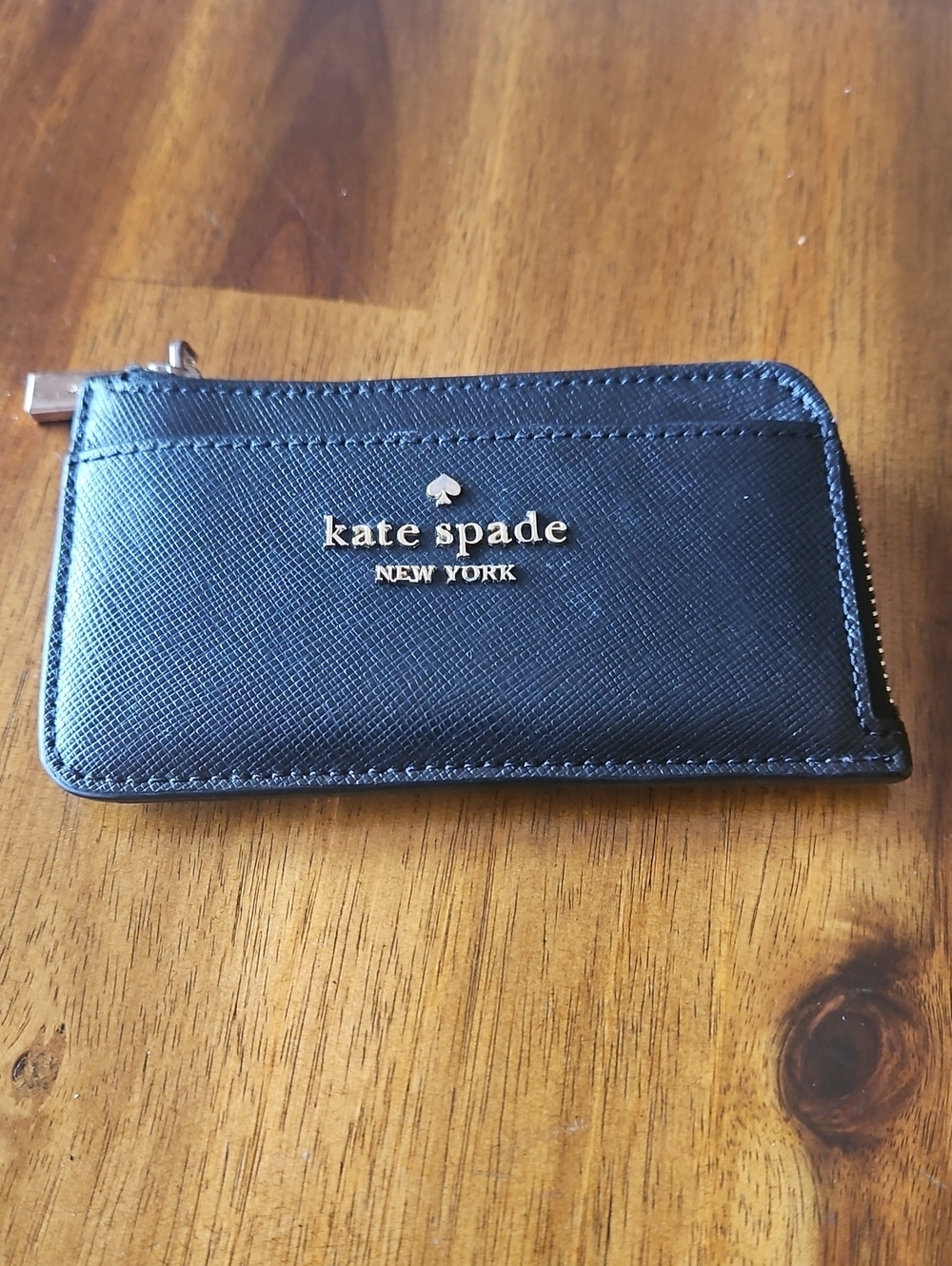 kate spade Black Saffiano Zip Card Holder with Gold Logo